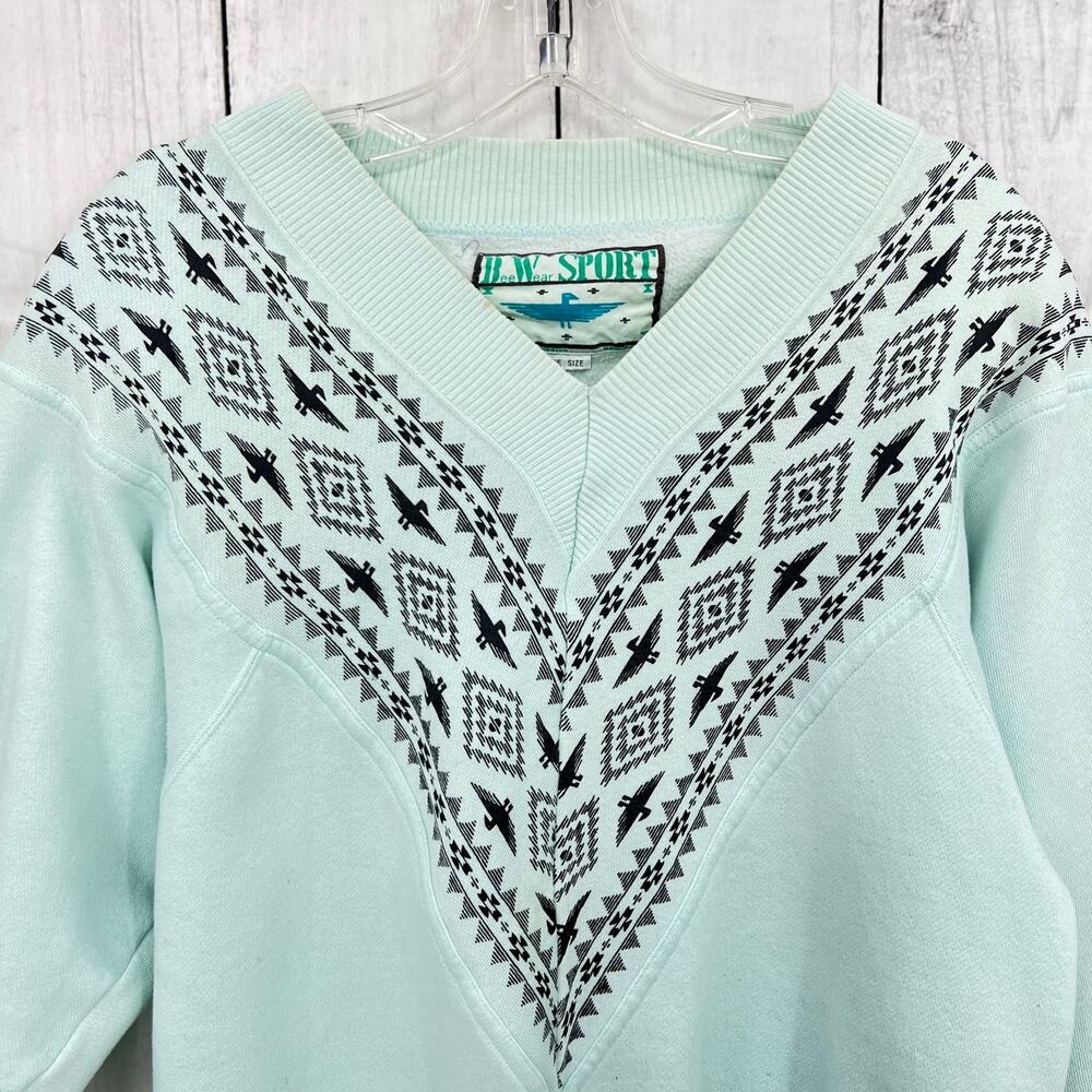 Vintage 80s Bee Wear Sport Mint Green Native Knit V-Neck Sweater One Size